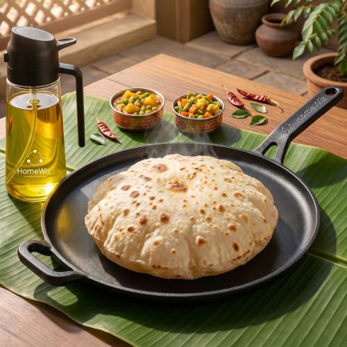 Image of HomeWiz Cast Iron Roti Tawa 28 cm | Free Oil Dispenser 500ml | Pre-Seasoned Iron Tawa with Long Handle for Roti, Chapati, Chillas & Paratha | Naturally Non-Stick | Induction & Gas Compatible