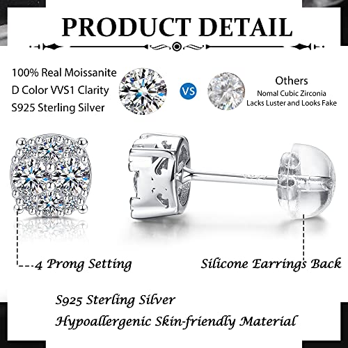 Moissanite Stud Earrings 18K White Gold Plated 925 Sterling Silver Moissanite Stud Earrings with Silicone Back for Women Men 1/2Ct Brilliant Round Cut D Color VVS1 Clarity4