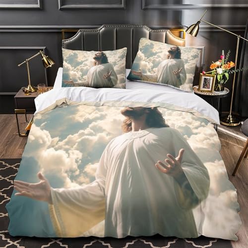 Housse de couette Jésus imprimé 3D parure de lit microfibre 3 pièces 260x220 taie d'oreiller King