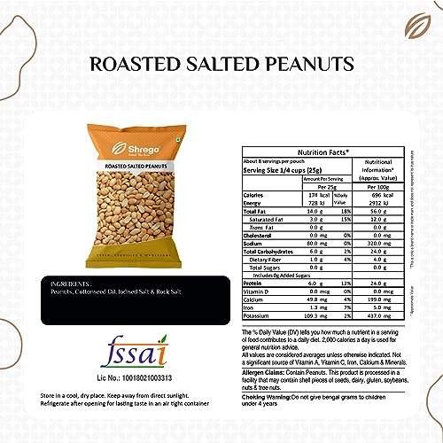 Image of SHREGO Roasted Salted Peanuts, Vacuum Packed 1Kg [HoReCa Value Pack | Grade A Peanuts | Roasted NOT Fried | Rich in Protein & Fibre | Groundnut | Healthy Snack | Singdana | Skin Removed | Fresh | No Artificial Flavour ] (SALTED, 1 KG)