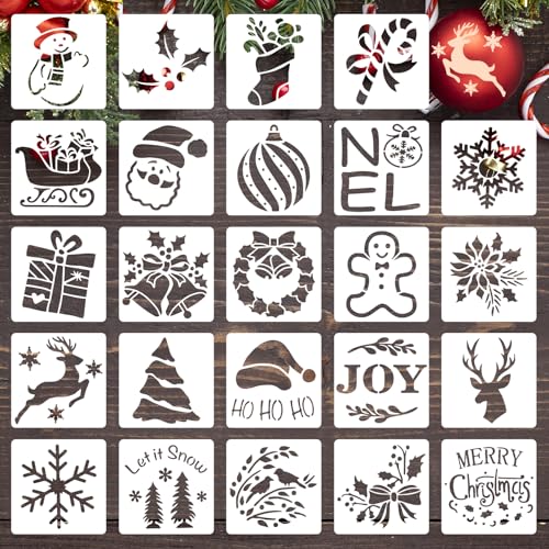 24 PCS Christmas Stencils for Wood Painting 3x3 Reusable Holiday Templates with Snowflakes Ornaments & Merry Christmas Designs for Wall Rock & DIY Decor