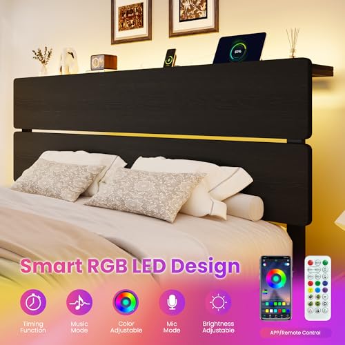 Image of SHA CERLIN King Size Bed Frame, Led Light, Charging Station, Storage Shelf | Wooden Headboard, Heavy Duty Slats Support, Metal Platform Bed, Under Bed Storage, No Box Spring Needed, Noise Free, Black