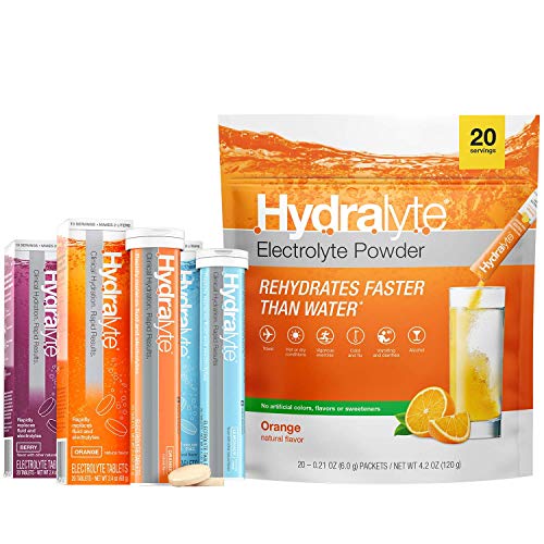Hydralyte Electrolyte Hydration Powder & Electrolyte Tablet Bundle | All Natural Orange Electrolyte Powder (20) Count | Variety Pack Tablets Orange, Lemonade, & Berry, (60) Count