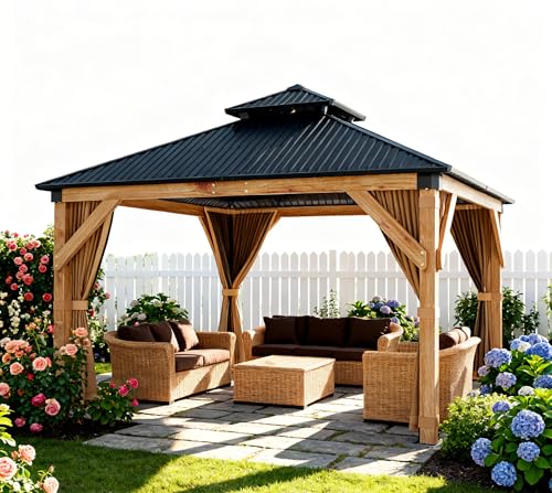 10x12 FT Hardtop Wooden Gazebo with Galvanized Steel Double Roof Aluminum Frame Mosquito Netting & Curtains Durable Outdoor Pavilion for Patio Backyard Deck & Lawn