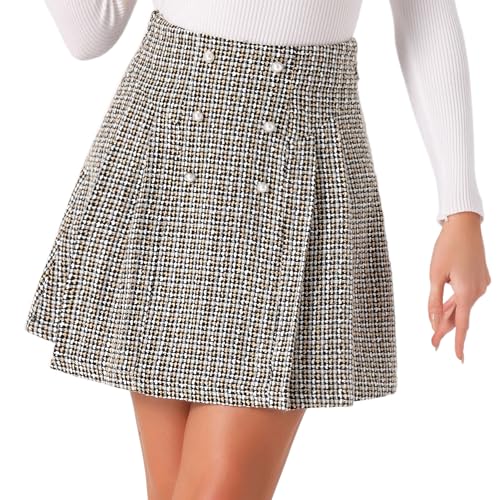 Allegra K Plaid Tweed Skirt for Women's Elegant High Waist Button Decor A-Line Mini Skirts