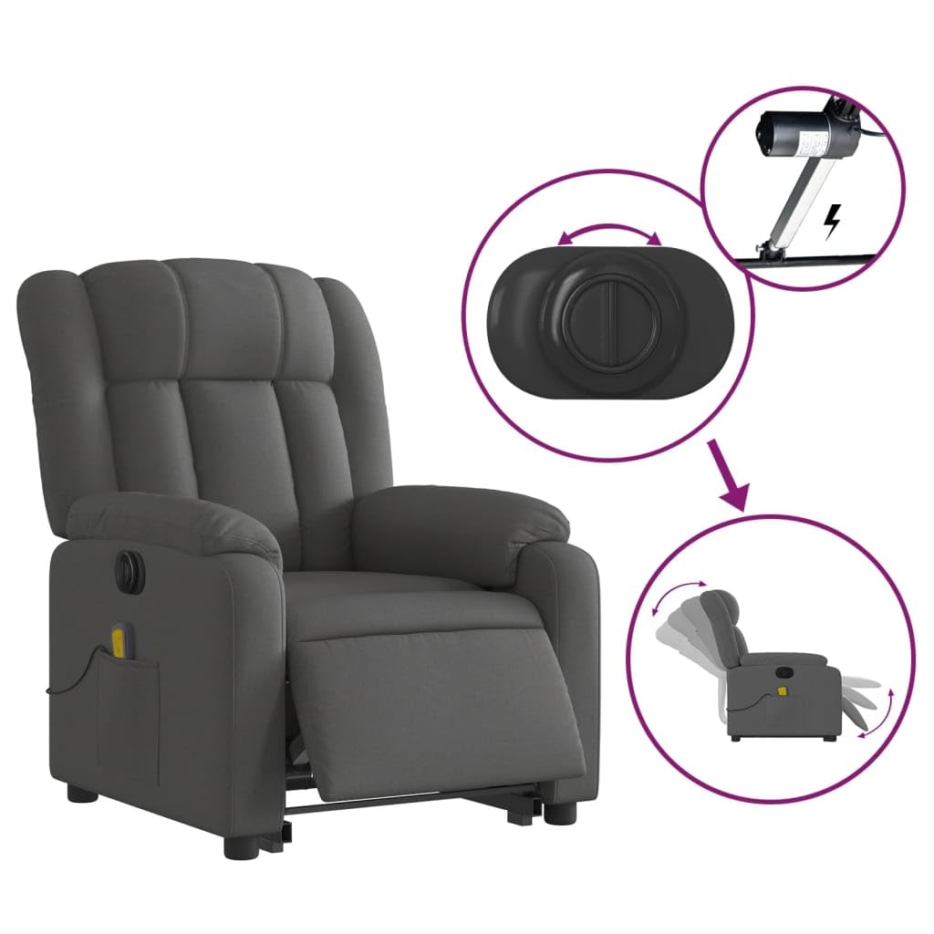 Sillón elevador eléctrico con masaje de 6 puntos y reclinación automática, gris oscuro de tela, función elevación y vibración, estructura estable de madera