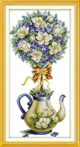 DIY Cross Stitch Counted Kits Stamped Kit Cross-Stitching Pattern for Home Decor, 11CT Pre-Printed Fabric Embroidery Crafts Needlepoint Kit(Magnolia Teapot)