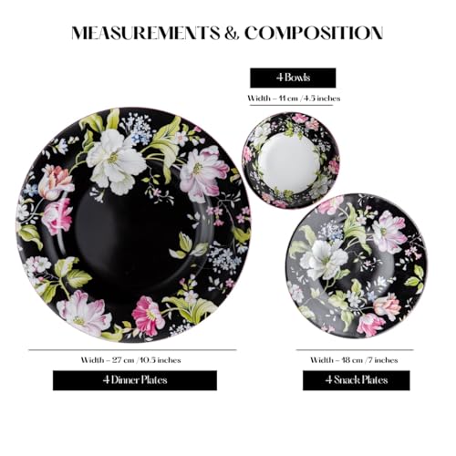Image of GOLDEN QUEEN'S Handcrafted 12 Pieces Dinner Set | 4 Dinner Plates, 4 Small Bowls & 4 Snack Plates | Perfect for Hosting Guests and Daily Meals - Garden Splendor Black