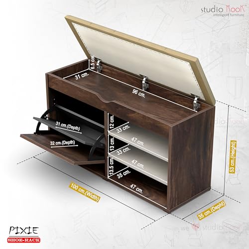 Image of Studio Kook Pixie Shoe Cabinet, Engineered Wood, 14 Pairs Capacity, Cushioned Top, Matte Finish (Junglewood)