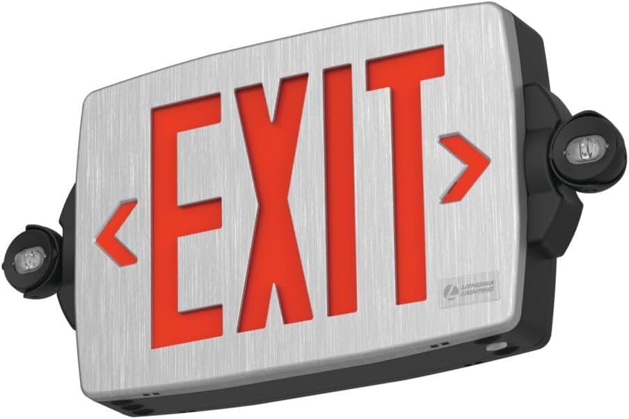 Lithonia Lighting Quantum LED Exit Sign Emergency Light Combo, Exit Sign and Emergency Lights for Business, 2-Head Fixture, Red/Green Selectable Letters, Brushed Silver (LHQM S BBS RG MVOLT M6)