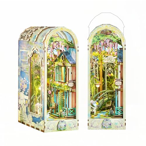Image of Tonecheer DIY Book Nook Kit for Adults, 3D Puzzle Wooden Miniature House Kit, Booknook Dollhouse Bookshelf Insert Decor Bookend with Dust Cover and LED Lights Gifts (Giverny Garden)