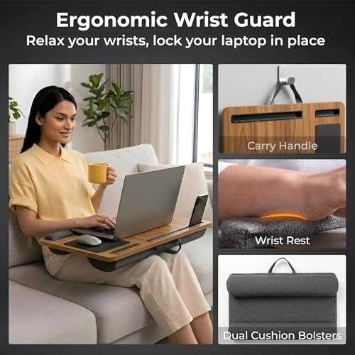 Image of Artikel Lap Desk Pillow for Laptop - Fits Up to 17 inch Laptop Portable Bed Desk Tray Built-in Mouse pad& Wrist Support-Wooden Lapdesk for Work from Home & Study with Cushion (Walnut Wood)