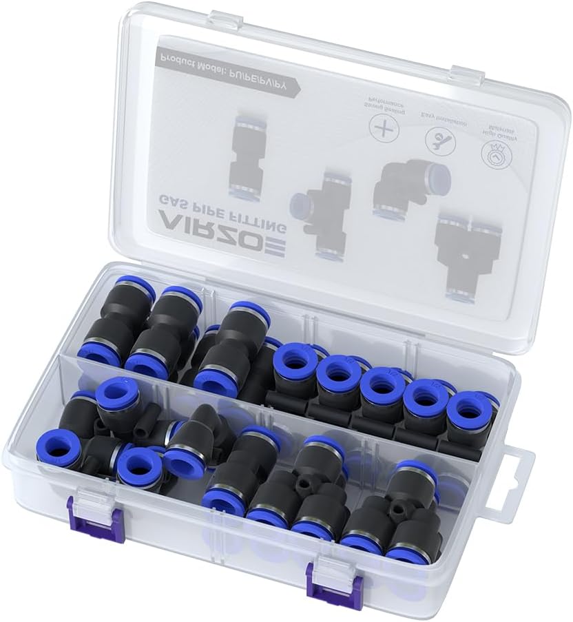 AIRZOE 22 PCS 1/2 Inch OD Push to Connect Fittings,7 Straight Tubes+5 Splitters+5 Elbows+5 Tee,Air Quick Connect Fittings Suit