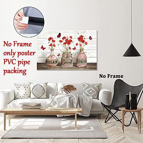 Red Poppy Canvas Wall Art Flower In A Vase Poster Prints Relax Soak Unwind Bathroom Wall Art Rustic Flower Bathroom Pictures Farmhouse Flower Wall Decor Red Canvas Butterfly Artwork 16X24Inch No Frame #TOP1