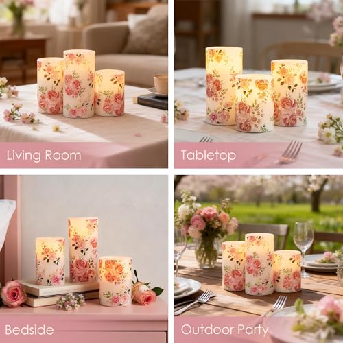 Image of LUSHARBOR Flameless Candles with Remote, Battery Operated Candles Real Wax Pink Rose Flickering LED Candles Floral Christmas Decor Electric Pillar Candles Set of 3