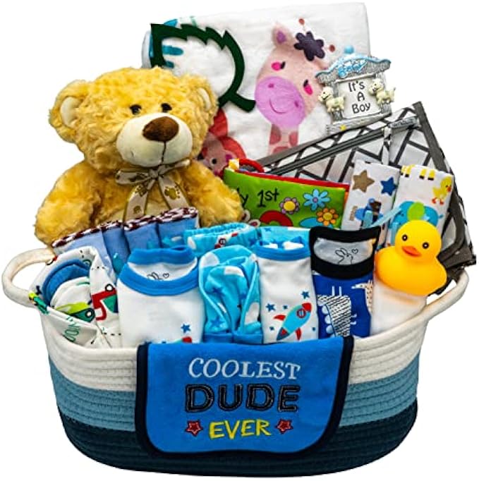 Bundle of Joy Deluxe Baby Boy Gift Set, Baby Layette Set with 25-Piece New Baby Essentials, Baby Gift Basket for Expecting Moms, Blue - Nikki’s Gift Baskets