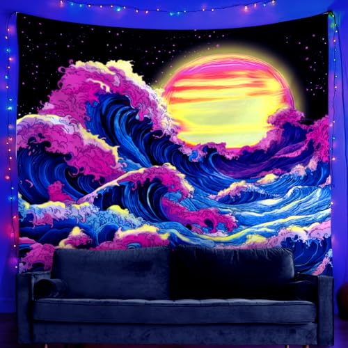 WEBEEDY Black Light Ocean Wave Tapestry Japanese Kanagawa Sunset UV Reactive Backdrop Poster Vintage Aesthetic Wall Hanging Tapestries for Bedroom Dorm Living Room Photo Shoot Prop (150x130cm) - Image 2