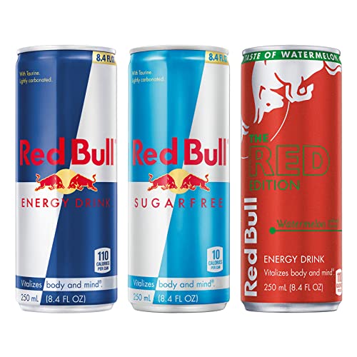 Image of Red Bull Energy Drink Variety Pack, Original, Sugar Free & Watermelon, with 80mg Caffeine plus Taurine & B Vitamins, 8.4 Fl Oz, Pack of 24 Cans