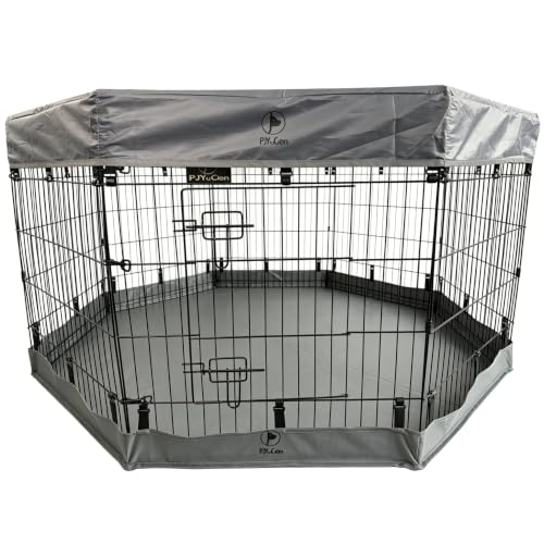 Image of PJYuCien Puppy Playpen with Top Cover & Bottom Pad, 8 Panels 30 inch H, Gray | 24 inchW, Small Pet Safe Sanctuary, Foldable Octagonal Pen, Versatile, Indoor & Outdoor, Backyard Pasture, Protects Floors