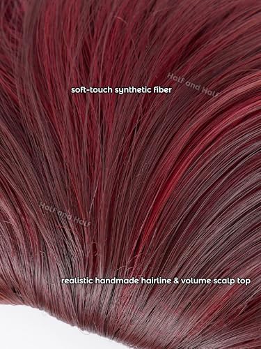 Image of Half and Half Tanjiro Cosplay Wig Short Wine Red Black Tanjiro Kamado Costume Wigs + Scar Stikers +Earrings Magenta Gradient Wigs for Female Men Unisex Halloween Party Daily