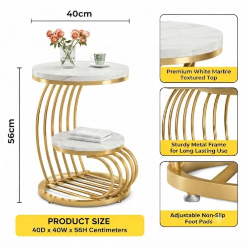 Image of Modern Double-Top Coffee Table with Rustic Farmhouse Accent, Multipurpose Living Room Bedroom, Two-Tier Small Sofa Side Bedside Table with Metal Frame Nightstand (White Gold Mg)