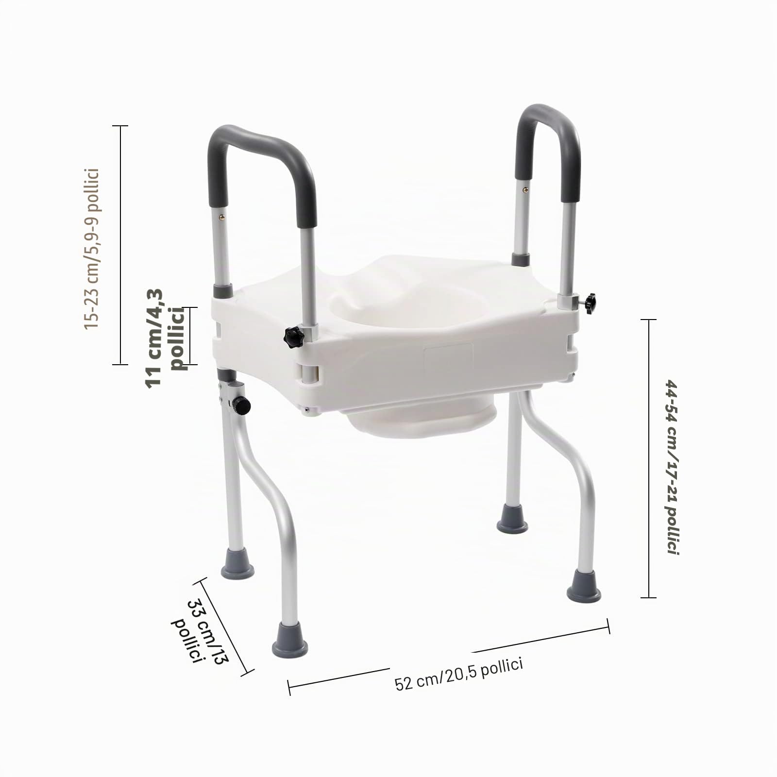 Rialzo per WC con braccioli regolabili, inclinazione delle gambe a 170°, design ergonomico, accessorio per WC per anziani e adulti, bianco