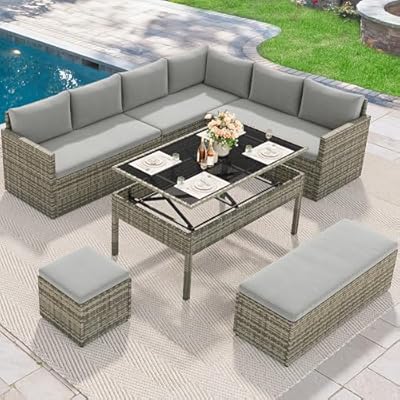 YITAHOME 6-Piece Patio Furniture Set, All-Weather Wicker Outdoor Sectional Sofa with Lift-Top Table & Ottoman, Patio Conversation Set for Deck, Backyard, Porch - Gray Gradient