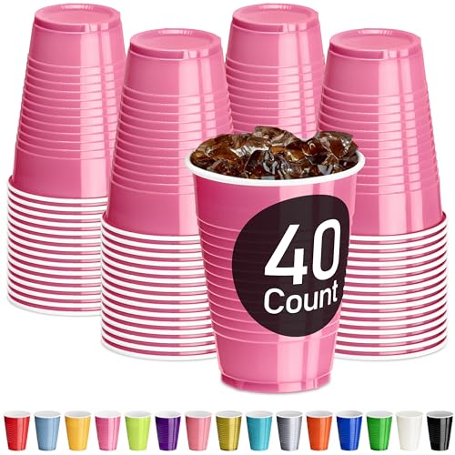 DecorRack Pink Plastic Cups 12 oz Disposable Cups Reusable Party Supplies (40 Count)