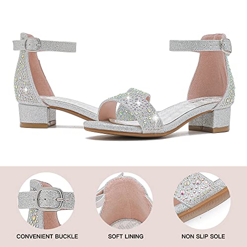 Image of Dufannie Girls Sandals Low Heels Dress Pump Ankle Strap Open Toe Flower Girl Wedding Party for Toddler Little Big Kid