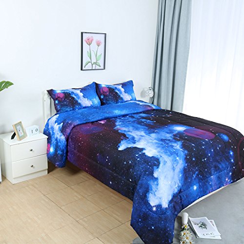 Uxcell Full/Queen Size Galaxy Dark Blue Comforter Set -3D Outer Space Themed Bedding- All-Season Down Alternative Quilted Duvet - Reversible Design- Includes 1 Comforter & 2 Pillowcases #TOP2