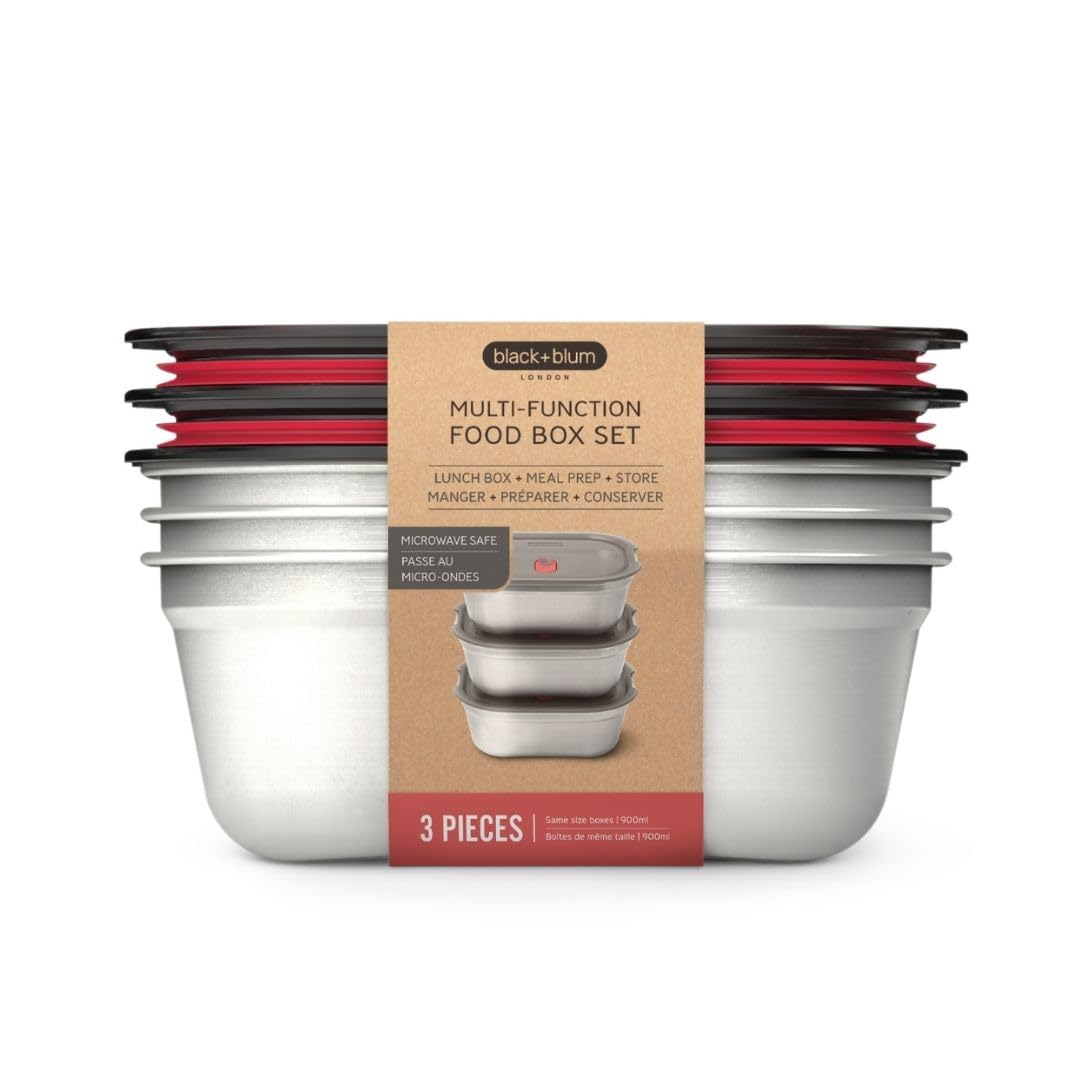 BLACK + BLUM Multifunktions Lunchbox Edelstahl Set 3 x 900ml, 100% auslaufsichere Meal Prep Boxen mit Vakuumverschluss, Backofen-, Gefrier-& Mikrowellenfest, BPA freie Brotdose für Erwachsene & Büro