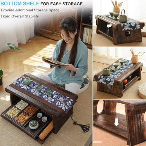 Image of 70 cm Long Japanese Meditation Tea /Coffee Table for Living Room, Balcony, Bedroom, Mid-Century Modern Solid Wood Low Height Floor Coffee Table. (70 x 34 x 28cm)
