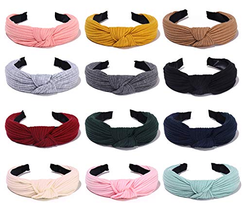 Headbands for Women and Girls Elastic Turban Plain Colored Knotted Design Hair Band 12 Pack Set Fashion Headbands