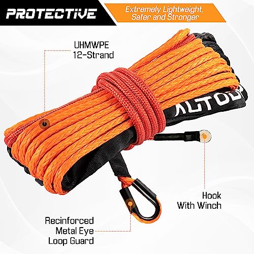 Autodunk Synthetic Winch Rope - 1/4" x 50ft 10,000LBS Winch Line with Protective Sleeve, Forged Winch Hook and Rubber Stopper, Synthetic Winch Cable for 4WD ATV UTV Offroad Vehicles Orange - Thumbnail 4