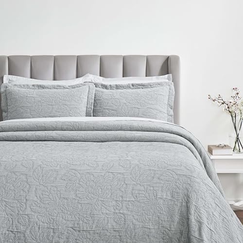Superior 3 Piece Cotton Bedspread Set, Home Bed Decor, Decorative Bed Spread, 2 Pillow Shams, Medium Weight Blanket, Matelasse Coverlet, Bedding Essentials, Hibiscus Collection, Queen, Grey