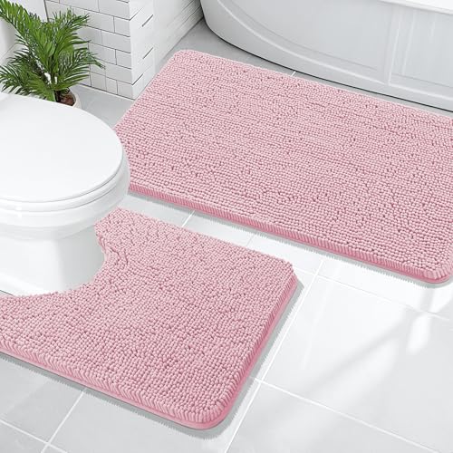 Image of OLANLY Bathroom Rugs Sets 2 Piece, Soft Absorbent Chenille Bath Mats and U-Shaped Contour Toilet Mat Area Rug Set, Machine Washable Bath Carpet, Home Decor Accessories(47 inchx20 inch+24 inchx20 inch, Dusty Rose)