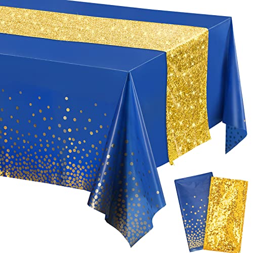 Image of Irenare 2 Pcs Blue and Gold Tablecloth and Sequin Table Runner Set Polka Dots Confetti Table Cover Dining Plastic Tablecloths Glitter Decorations for Birthday Wedding Anniversary Party Supplies