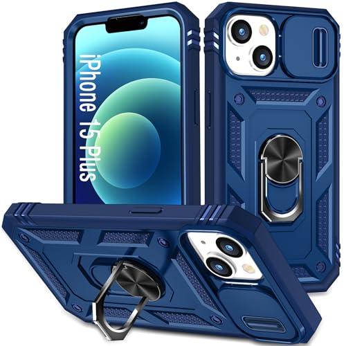 Coque pour iPhone 15 Plus résistante aux chocs bleu avec cache caméra amovible 6,7"