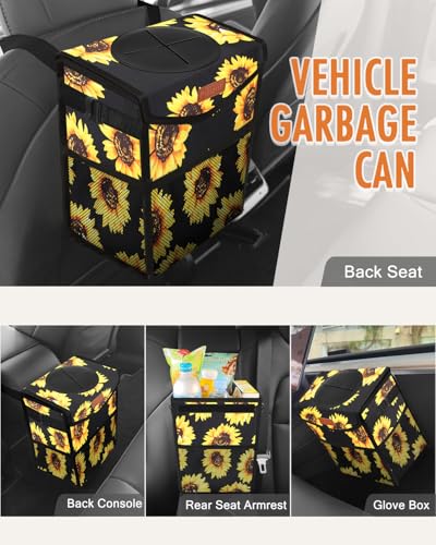 Image of Pritent Car Trash Can with Lid, Cute Leakproof Car Trash Garbage Bag Hanging Vehicle Trash Bin Small Portable Automotive Garbage Cans Organizer for Back /Front Seat(Trapezoid,Black Sunflower