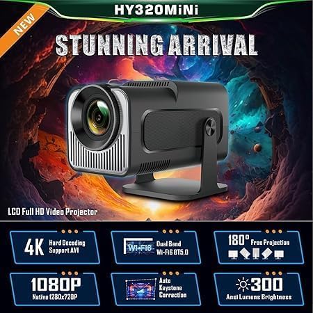 Image of HY320 Mini Projector -720p Resolution 4K Native (4K Support) Smart Portable Projector with Android 11, Wi-Fi 6 & Bluetooth 5.0, Remote Controller Auto Keystone, HDMI /USB, Home Cinema