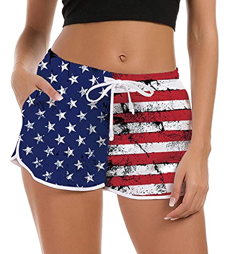 Idgreatim Women Surfing Beach Boardshorts Stripe and Star Flag Fast Dry Swimming Trunks Lightweight Water Sporting Swimsuit Bottom for Independence Day L