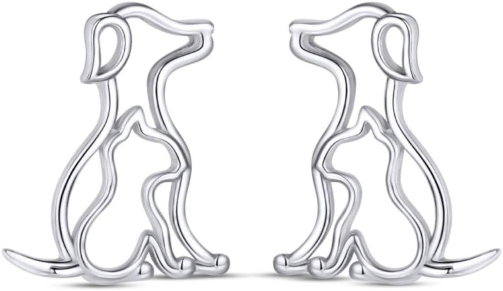 14k Gold Over 925 Sterling Silver Dog and Cat Stud Earrings – Cute Animal Pet Jewelry for Women, Animal Stud Earrings, Push Back, Gift for Dog Cat Lovers