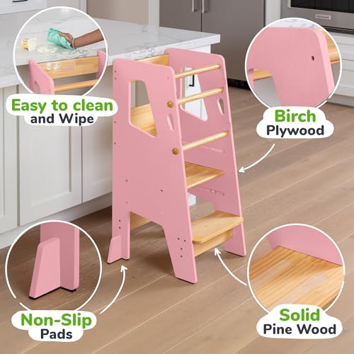 Toddler Standing Tower - Adjustable Height Toddler Kitchen Stool Helper - Ideal Kids Kitchen Step Stool for Learning New Skills - Updated Design with Safety Feet - Pink