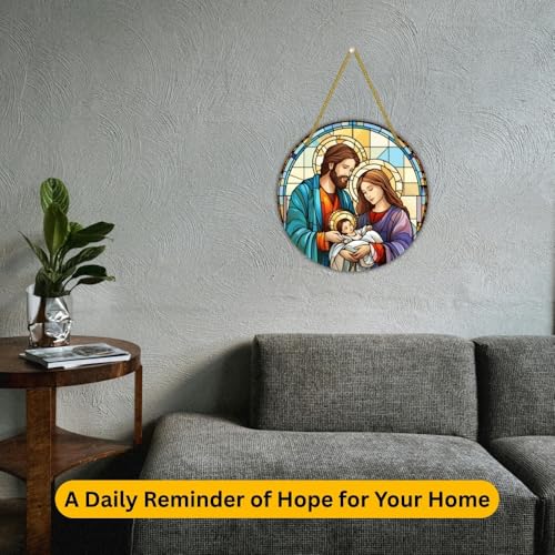 Image of Printality Stained Glass Style Christian Wall Hanging | Round MDF Plaque with Glossy Finish & Golden Zardosi String | Religious Wall Art | Jesus, Mary & Angels Design | Faith Home Decor (Design 6)
