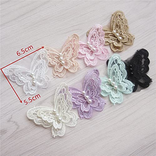 Qiuda SHK100 50Pcs 3D Butterfly Pearl Organza Polyester Lace Trimmings Embroidered Lace Ribbon Fabric Vintage Embroidery Applique Sewing Craft Patchwork Handmade Diy Wedding Dress Clothes Decoration thumb #1