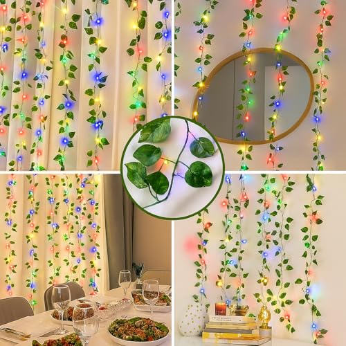 Image of Gesto Artificial Leaf Curtain LED String Lights - Multicolor Fairy Lights with 8 Modes Controller, AC Plug for Home,Room,Wall,Birthday,Wedding & Diwali Decoration, Green Leaf Hanging Lights (10x3 Ft)