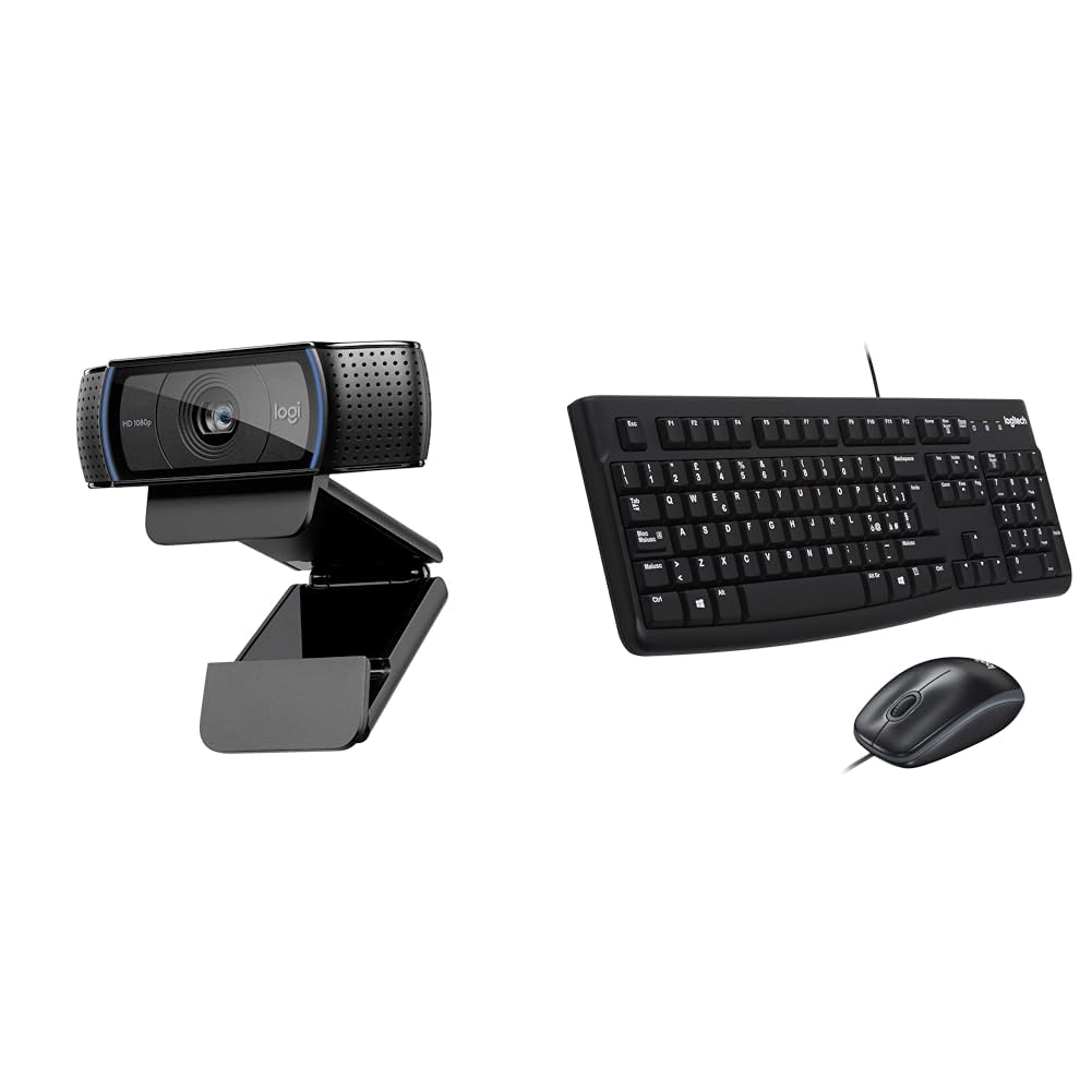 Logitech C920 Hd Pro Webcam, Videochiamata Full Hd 1080P/30Fps, Audio Stereo, ‎Funziona Con Skype & MK120 Combo Tastiera e Mouse con Filo per Windows, Mouse Ottico Cablato