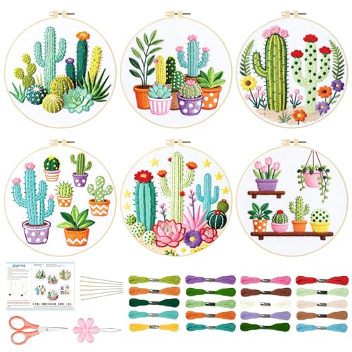 Image of BEUNITONE Cactus Embroidery Kit for Beginners, 6PC Succulent Plant Themed Needlepoint Kits for Adults with Hoops, Threads, Needles, Instructions and Full Kits, DIY Home Decor Craft Gift for Adults