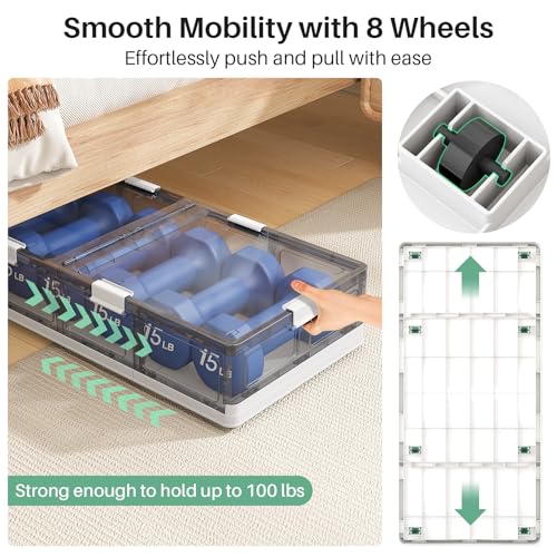 Kitstorack Clear Plastic Under Bed Storage Containers Bins with Lids and 8 Pre-installed Wheels,37.8 Qt, Rolling Foldable Flat Under Bed Organizer Boxes for Clothes Shoes Clothing Bedroom, Large