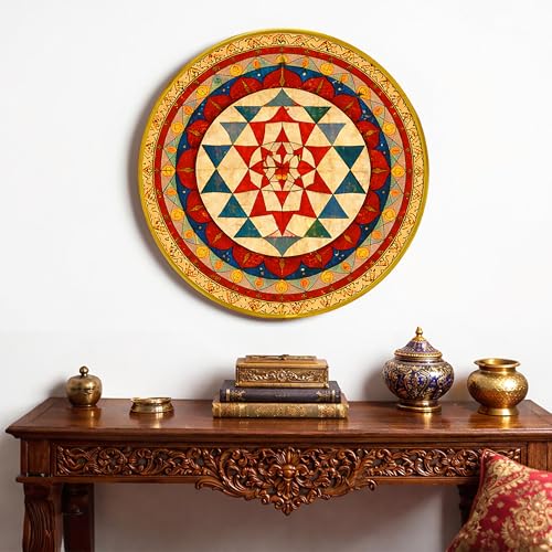 Image of Sri Yantra Mandala Vastu Round Framed Wall Art Painting For Living Room, Geometry Spiritual Wall Art Painting With Frame for Home, Meditation Room & Office, 16 Inch